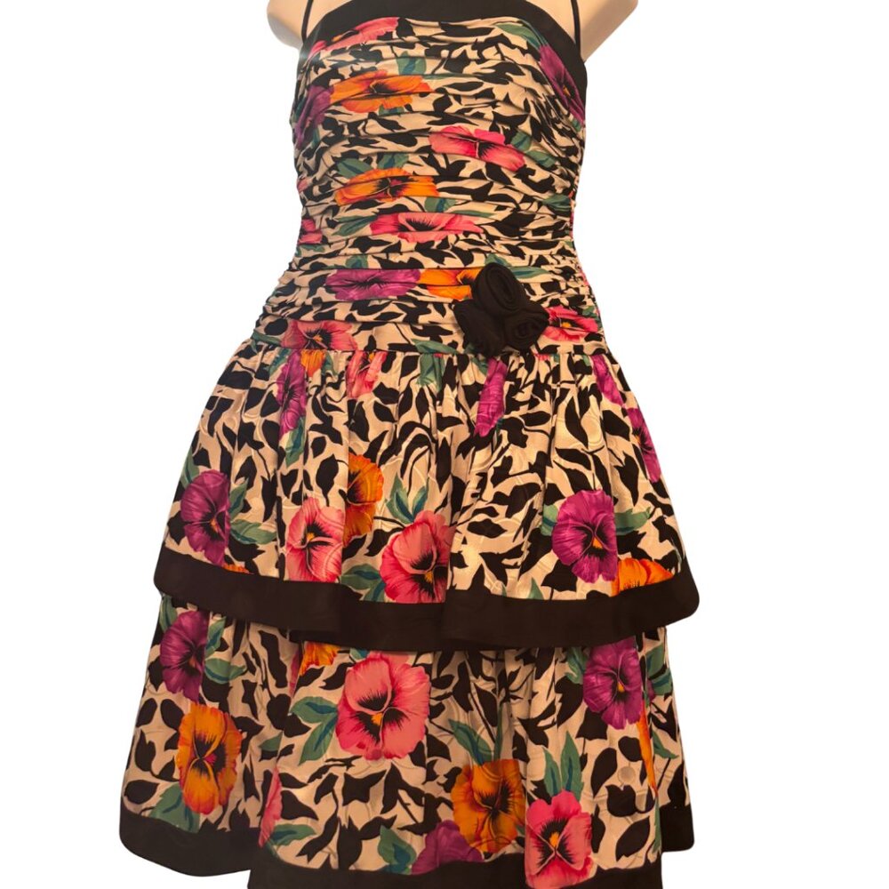 Aj Bari Strapless Pinup Tired Orange and Purple Floral Dress